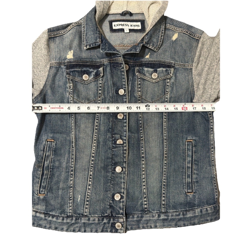 Express Jeans Women's L Distressed Denim Jacket With Sweatshirt Sleeves Hoodie - Picture 5 of 8